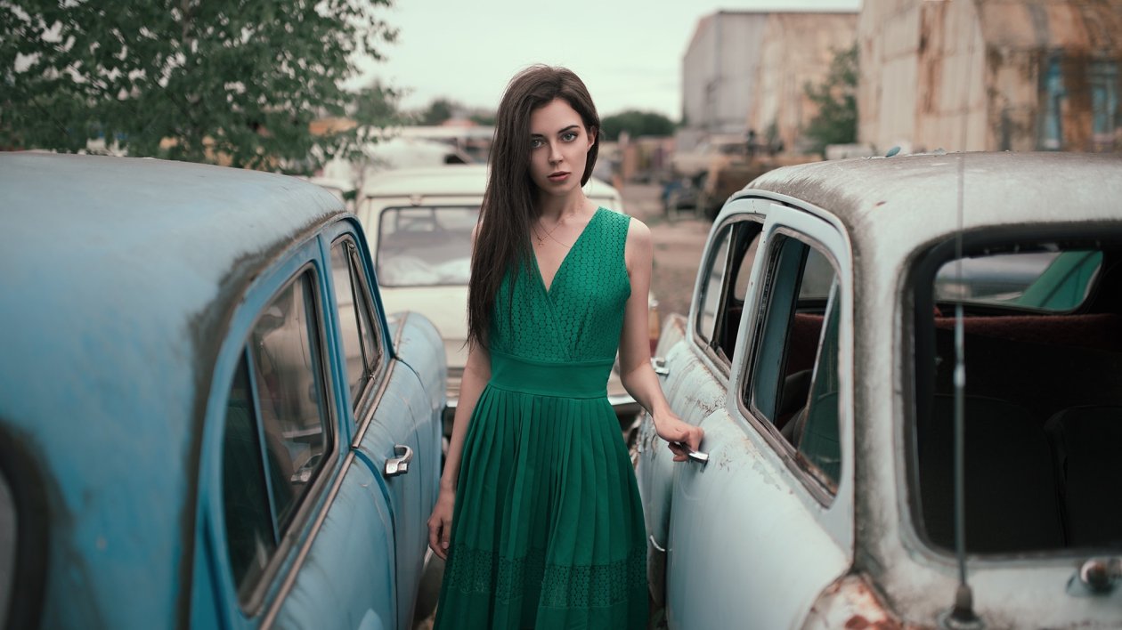 Women With Cars In Green Dress
