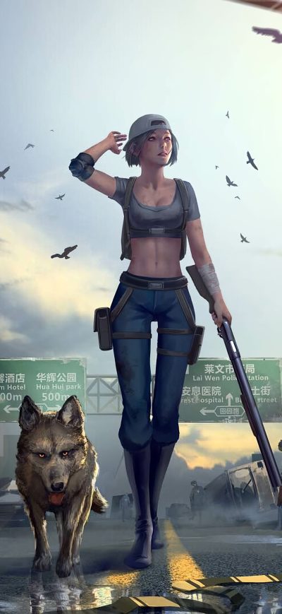Fond d'écran iPhone Girl With Gun Walking Downtown With Dog