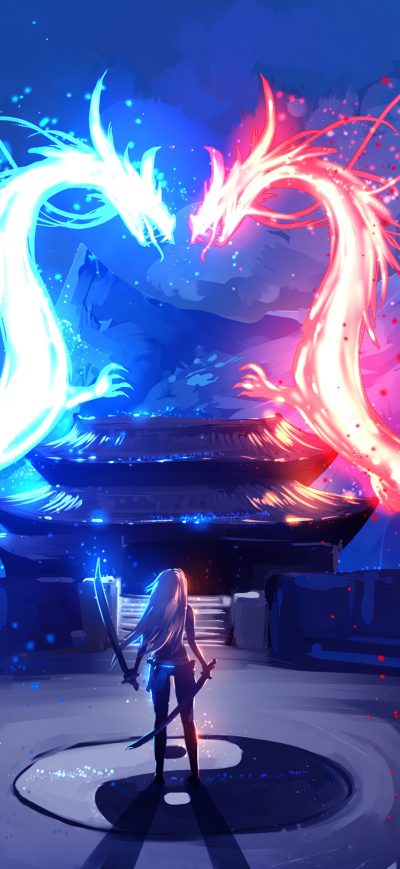 Fond d'écran iPhone Dragon Red Blue Colorful Art 4k