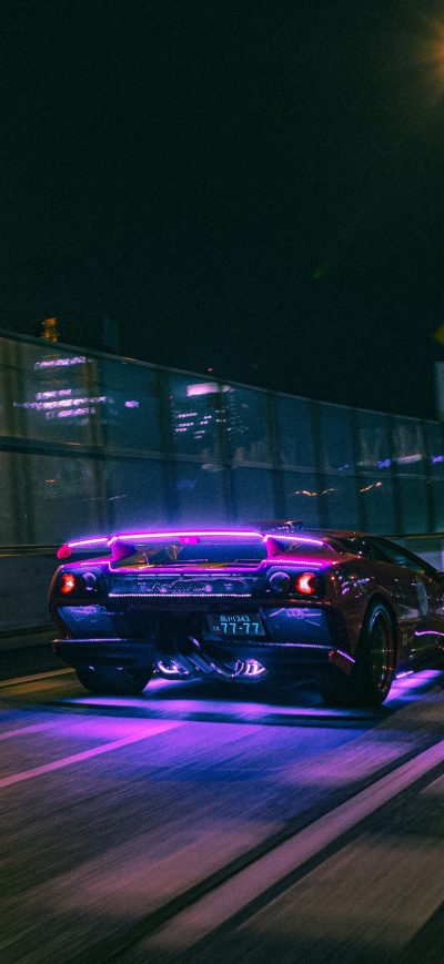 Fond d'écran iPhone Lamborghini Neon Lights On Road 4k