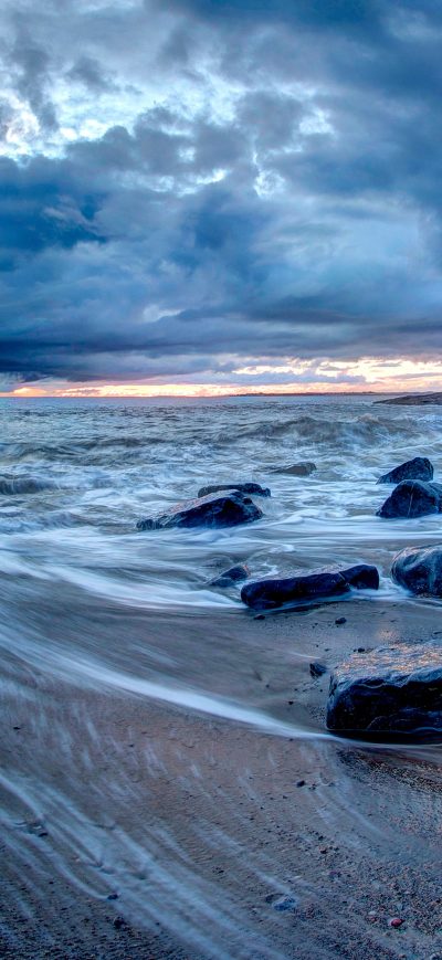 Fond d'écran iPhone Sea Water Rocks Clouds Long Exposure 4k