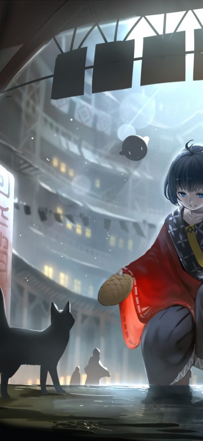 Fond d'écran iPhone Anime Original Blue Eyes Short Hair Girls With Cat