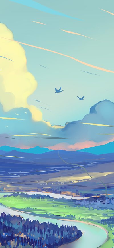 Fond d'écran iPhone White Blue Red Clouds Scenery Digital Art Painting
