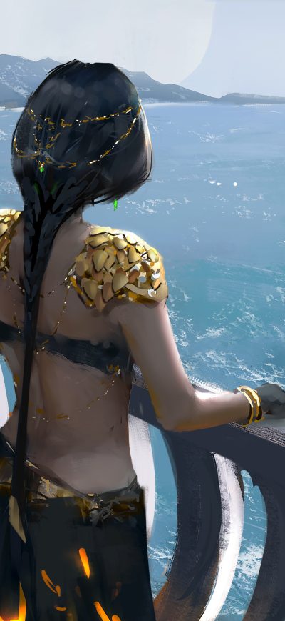 Fond d'écran iPhone Women Standing At Balcony Looking Sea Digital Art Fantasy Girls