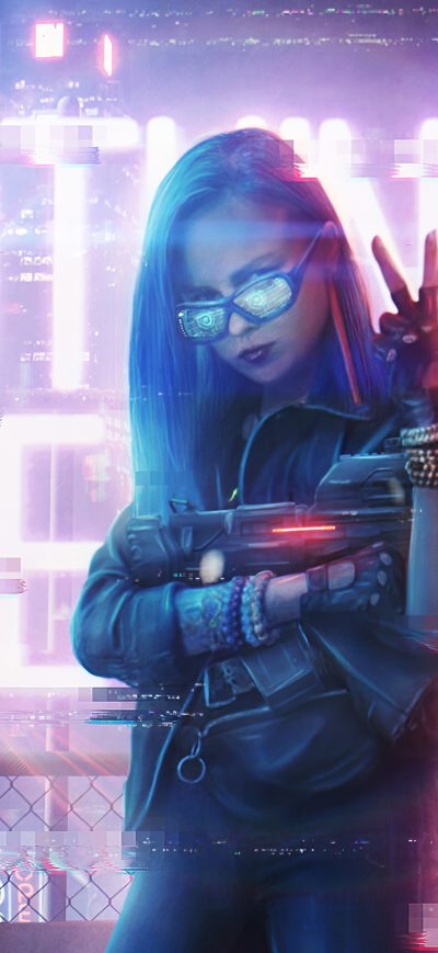 Fond d'écran iPhone Cyberpunk Girl With Gun Neon 4k