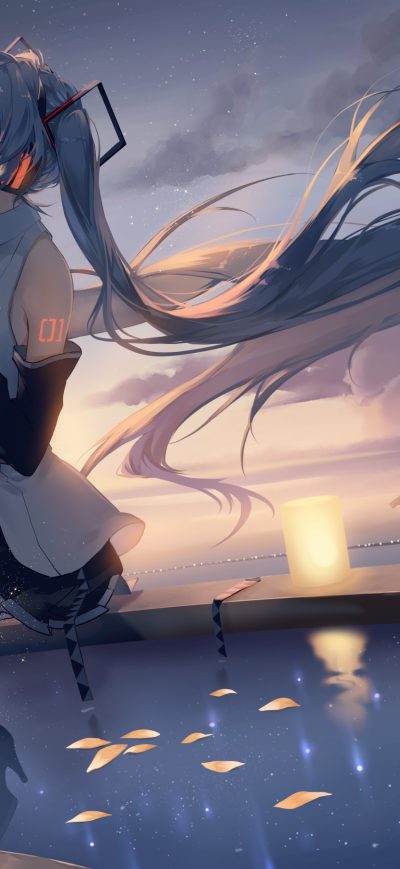 Fond d'écran iPhone Hatsune Miku Anime Girl Headphones Looking Away Sunset