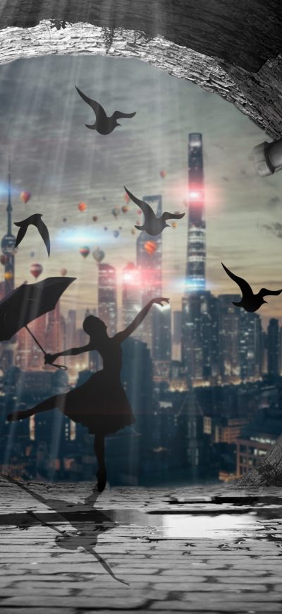 Fond d'écran iPhone Girl Dancing With Umbrella Birds Artwork