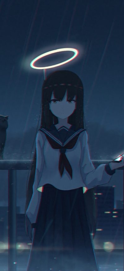 Fond d'écran iPhone Angel Anime Girl School Uniform Cat Rain