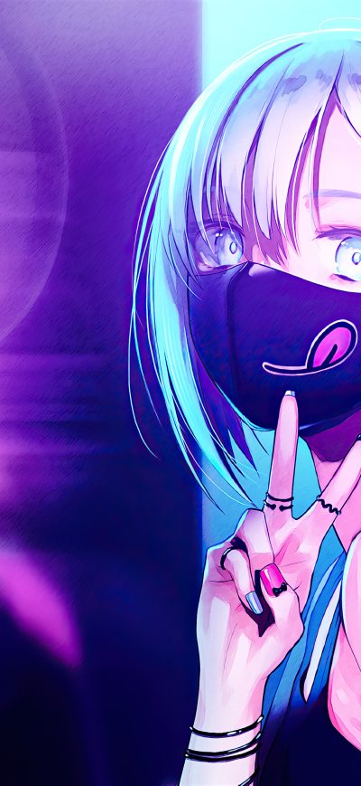 Fond d'écran iPhone Anime Girl City Lights Neon Face Mask 4k