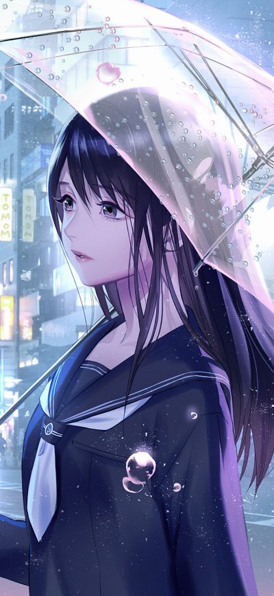 Fond d'écran iPhone Anime Girl Rain Water Drops Umbrella