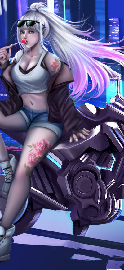 Fond d'écran iPhone Cyberpunk Girl Bike 4k Artworks