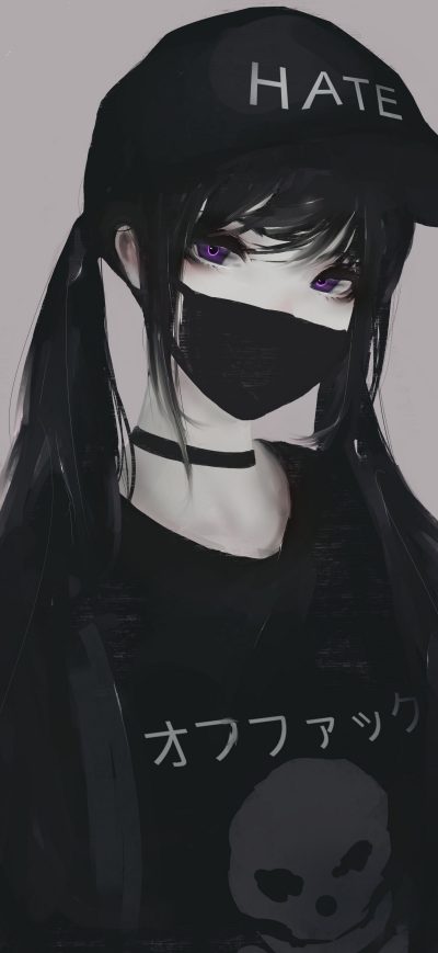 Fond d'écran iPhone Anime Girl Face Mask Purple Eyes Twintails Hate 5k