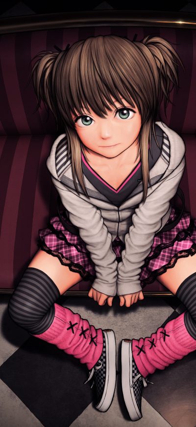 Fond d'écran Anime Girl Sitting On Couch Looking Above sur iPhone