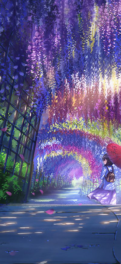 Fond d'écran iPhone Anime Girl In Wisteria Park With Umbrella