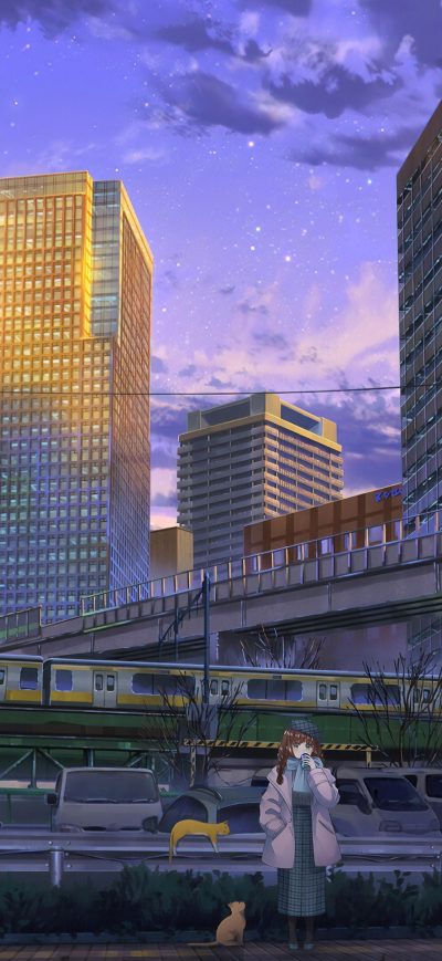 Fond d'écran iPhone Anime Girl Cityscape Cats