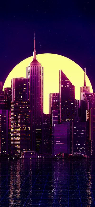 Fond d'écran iPhone Neon City Buildings Reflection Skycrapper Minimalism 4k