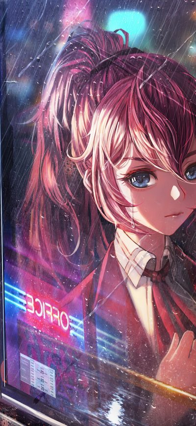Fond d'écran iPhone Anime Girl Bus Window Neon City 4k