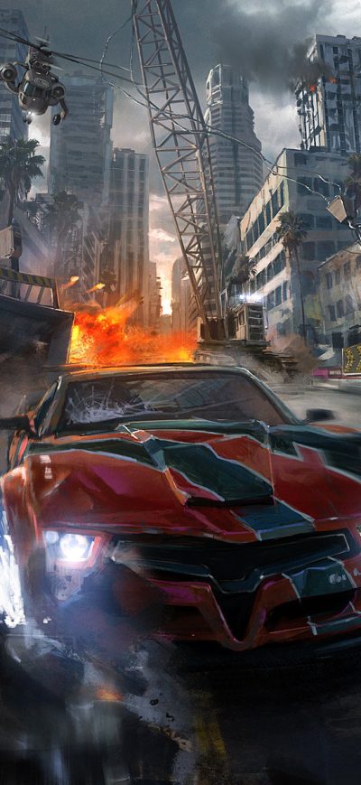 Fond d'écran iPhone Drifting Car Chasing By Helicopter Artwork