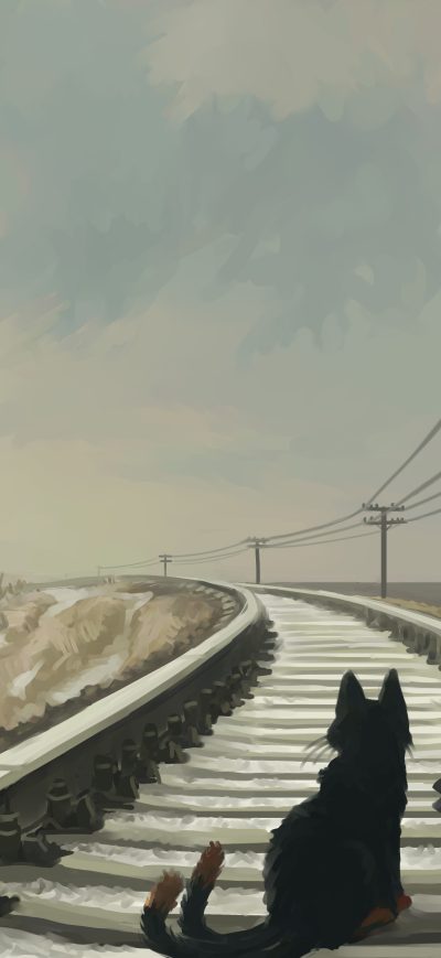 Fond d'écran iPhone Anime Girl With Cat On Railroad