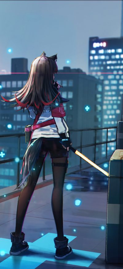 Fond d'écran iPhone Anime Girl Scifi City Roof With Weapon
