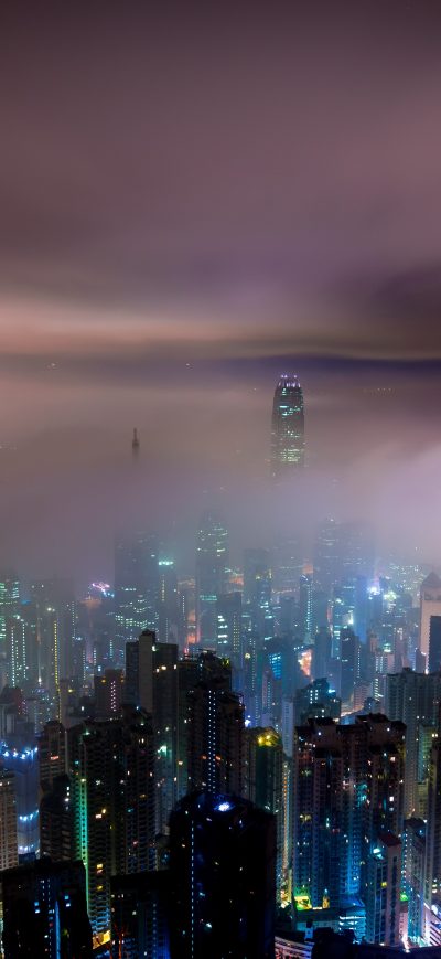 Fond d'écran iPhone Hong Kong Buildings Night Lights Mist