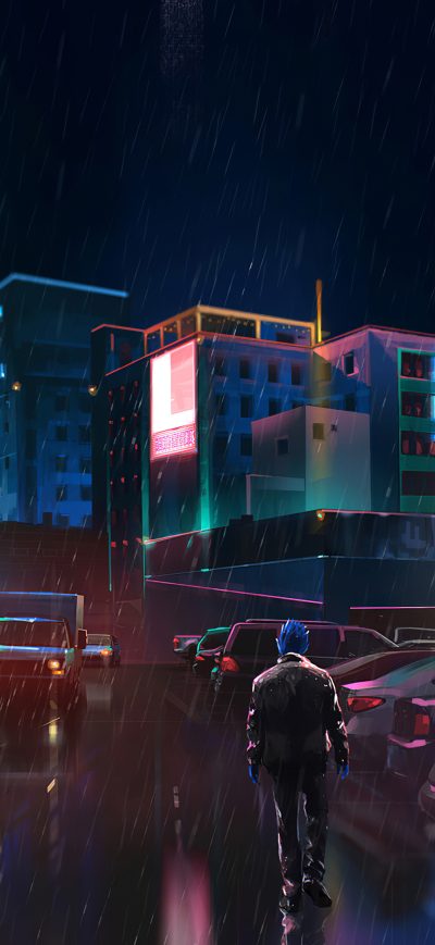Fond d'écran iPhone Neon Man Walking In Rain 4k