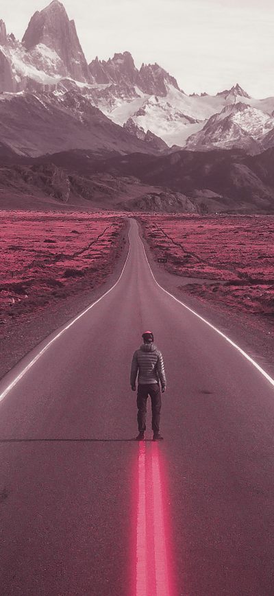 Fond d'écran iPhone Road Neon Lights Man Mountain Pink 5k