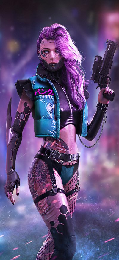 Fond d'écran iPhone Cyberpunk Tatto Girl With Guns 4k