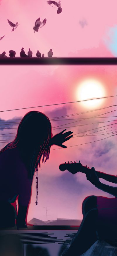 Fond d'écran iPhone Girl Listening Boy Playing Guitar Watching Sunshine 5k