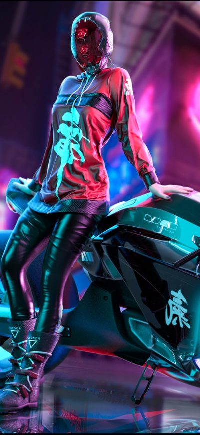 Fond d'écran iPhone Cyberpunk Scifi Girl With Motorcycle