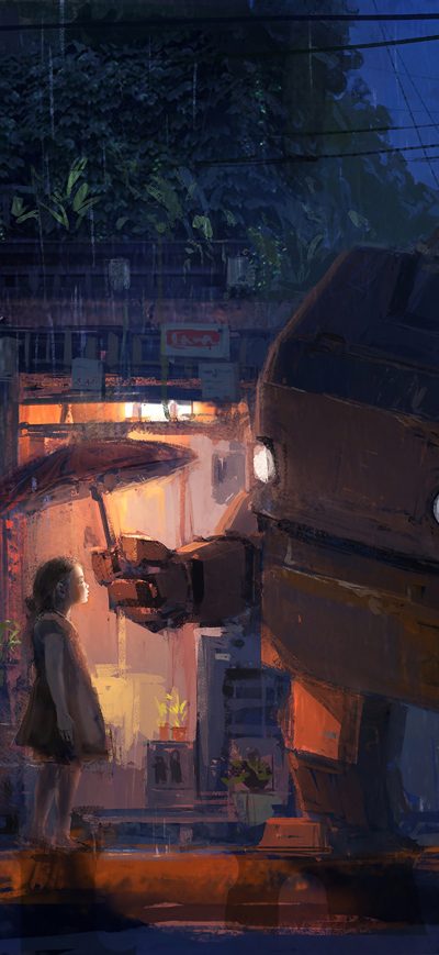 Fond d'écran iPhone Rainy Day With My Robot Friend Painting 4k