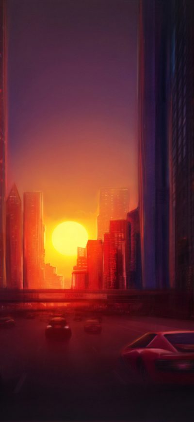 Fond d'écran iPhone Digital Drawing City Sunset 4k