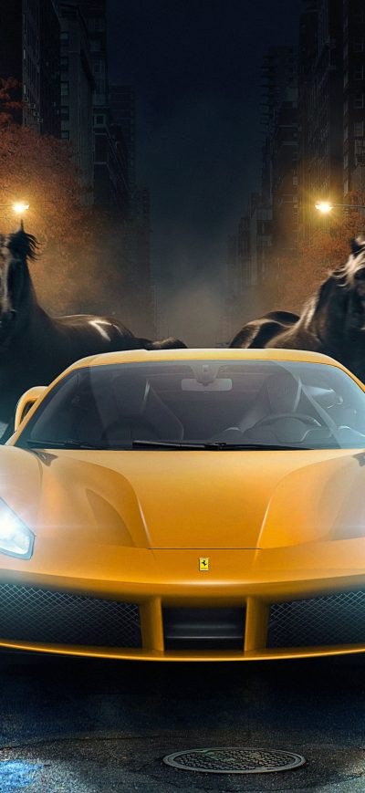Fond d'écran iPhone Yellow Ferrari 488 GTB Horses Behind