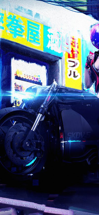 Fond d'écran iPhone Cyberpunk Bike Girl 4k