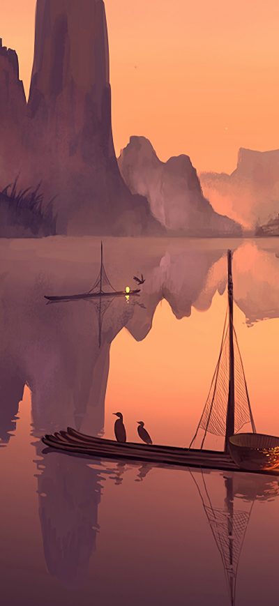 Fond d'écran iPhone Girl Boat Valley Birds Evening Sale 4k