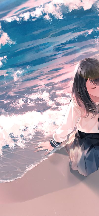 Fond d'écran iPhone Anime Girl Sitting Waves School Uniform 4k