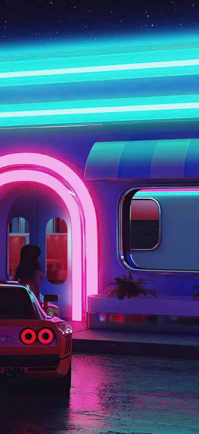 Fond d'écran iPhone Night Dinner Retrowave 5k