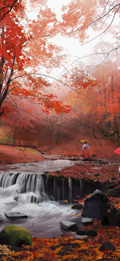Fond d'écran iPhone Ancient Asian Girls Morning Walk In Autumn 4k