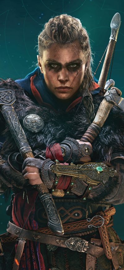 Fond d'écran iPhone Assassins Creed Valhalla Female Eivor Axe 8K