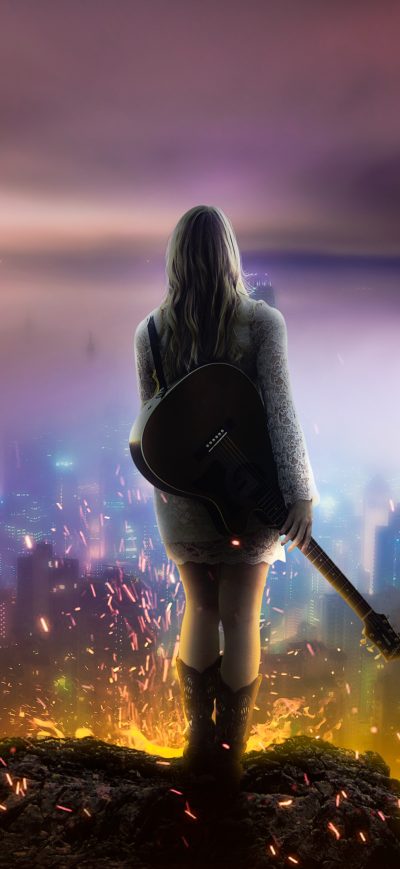 Fond d'écran iPhone Girl With Guitar Watching City From Top