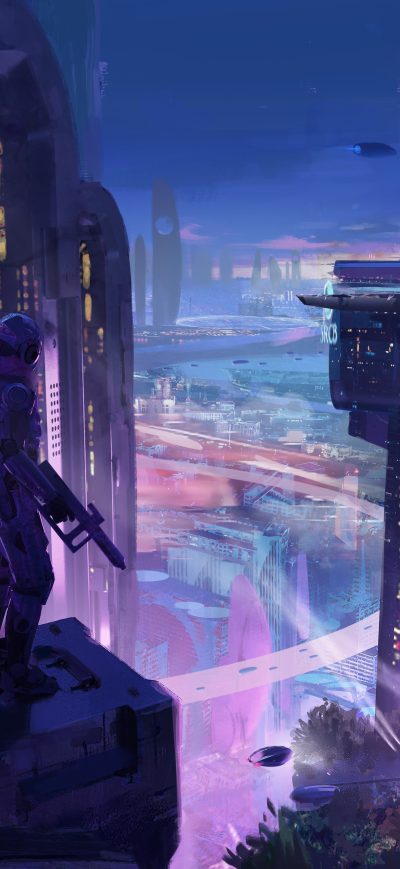 Fond d'écran iPhone Soldier With Cape Gun Scifi Neon City 4k