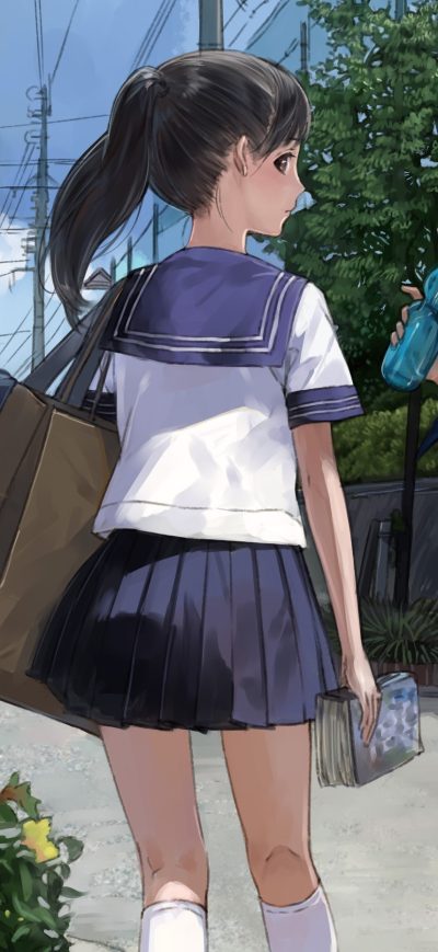 Fond d'écran Anime Girl Going School In Uniform sur iPhone