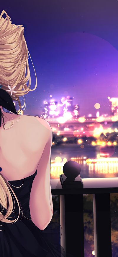 Fond d'écran iPhone Blonde Girl Black Dress Looking At City 4k