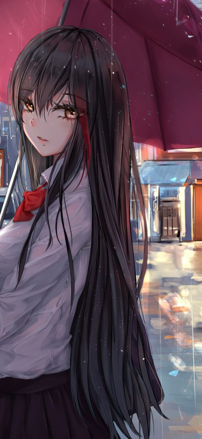 Fond d'écran iPhone Anime Girl Rain Umbrella Looking At Viewer