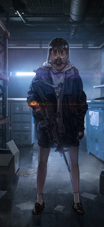Fond d'écran iPhone Anime Girl With Mask And Gun 4k