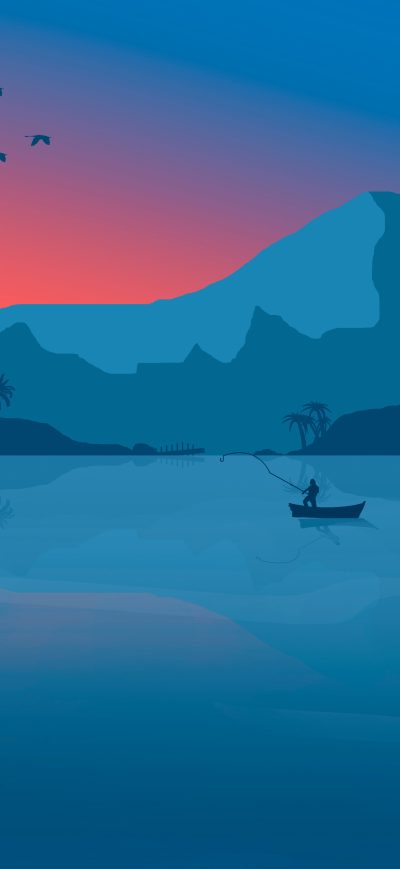 Fond d'écran iPhone Minimalist Beach Boat Mountains Sunset Birds 8k