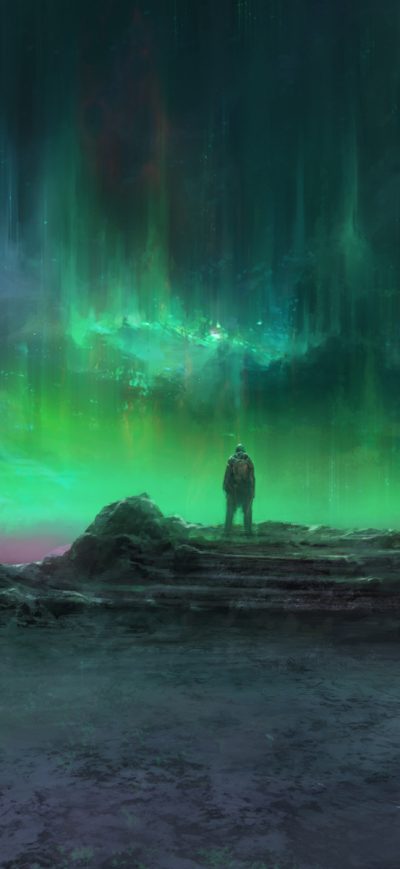 Fond d'écran Aurora Man Standing Landscape sur iPhone
