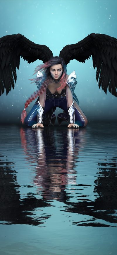 Fond d'écran iPhone Girl Angel Big Wings Water Reflection 8k