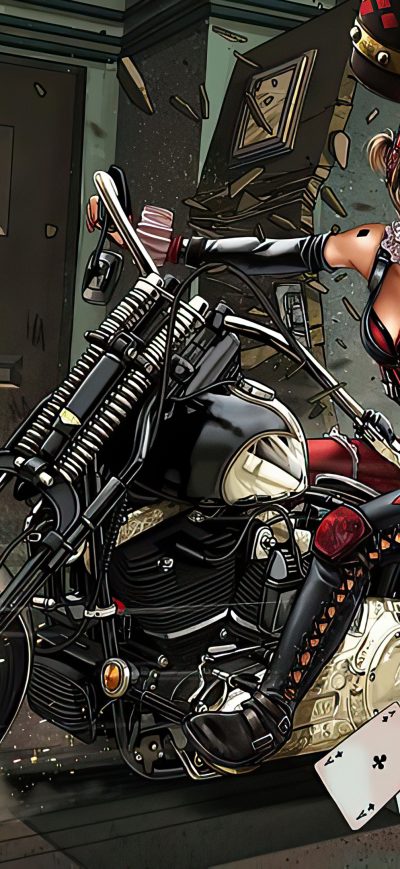 Fond d'écran iPhone Harley Quinn With Bike Break Into Police Station