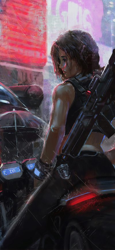 Fond d'écran iPhone Neon Biker Girl Rain 4k